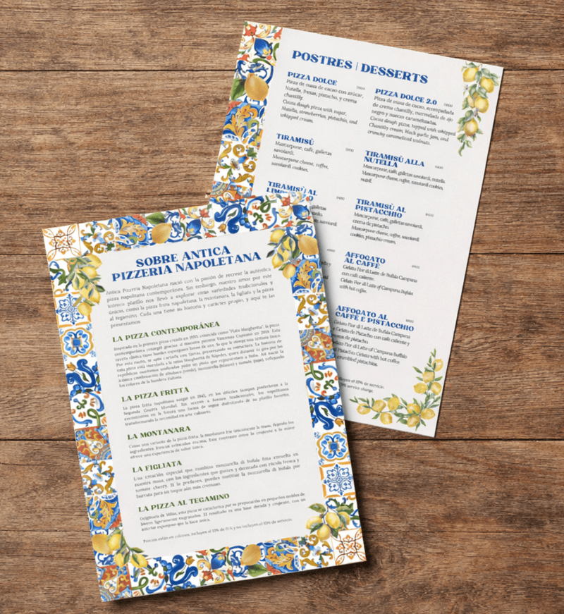 Graphic design samples for menus and brochures